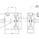 Technical engineering dimensional schematic of Mi-Lok 2-way valve manifold with 1/2 inch NPT ports