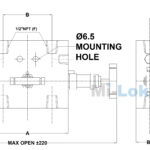 Technical engineering dimensional schematic of Mi-Lok 3-way valve manifold showing 6.5mm mounting holes and NPT ports