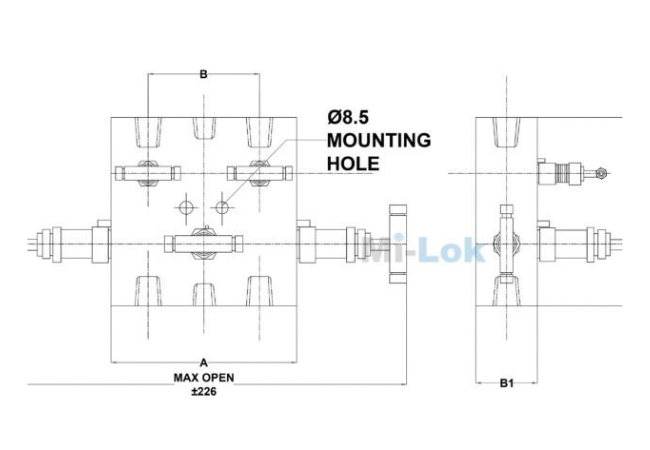 Technical engineering dimensional line drawing of Mi-Lok 5-way valve manifold showing 8.5mm mounting holes