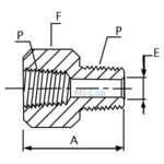 Technical engineering dimensional schematic diagram of Mi-Lok female adapter showing thread size P minimum bore E length A and hex size F
