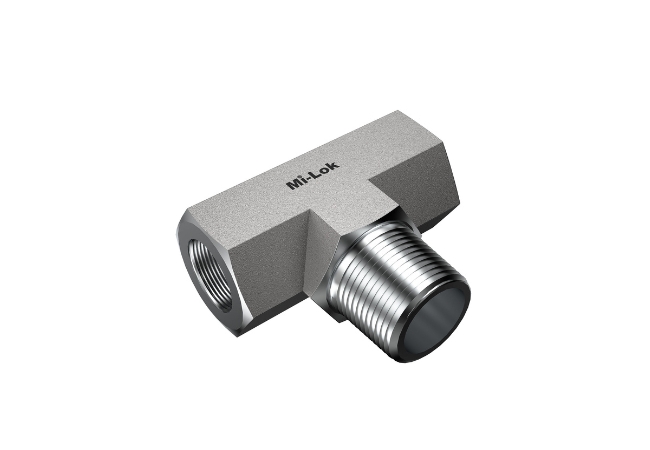 Isometric perspective view of Mi-Lok male branch tee fitting highlighting male thread profile