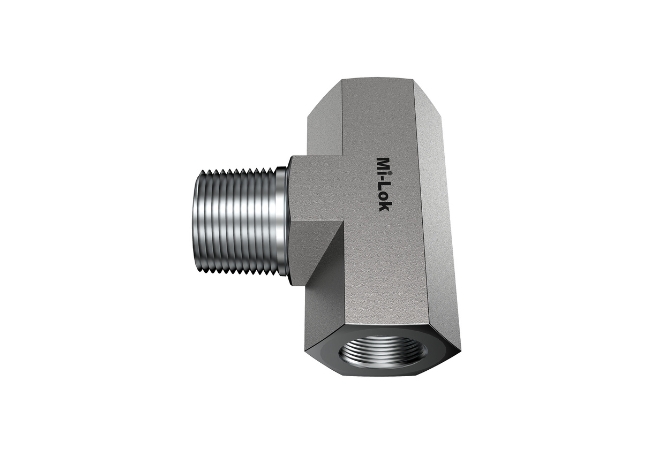 Mi-Lok male branch tee pipe fitting showing male center connection and two female end ports