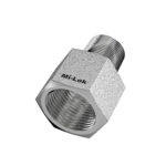 3D isometric view of Mi-Lok stainless steel female adapter showing internal NPT threads and smooth male adapter end