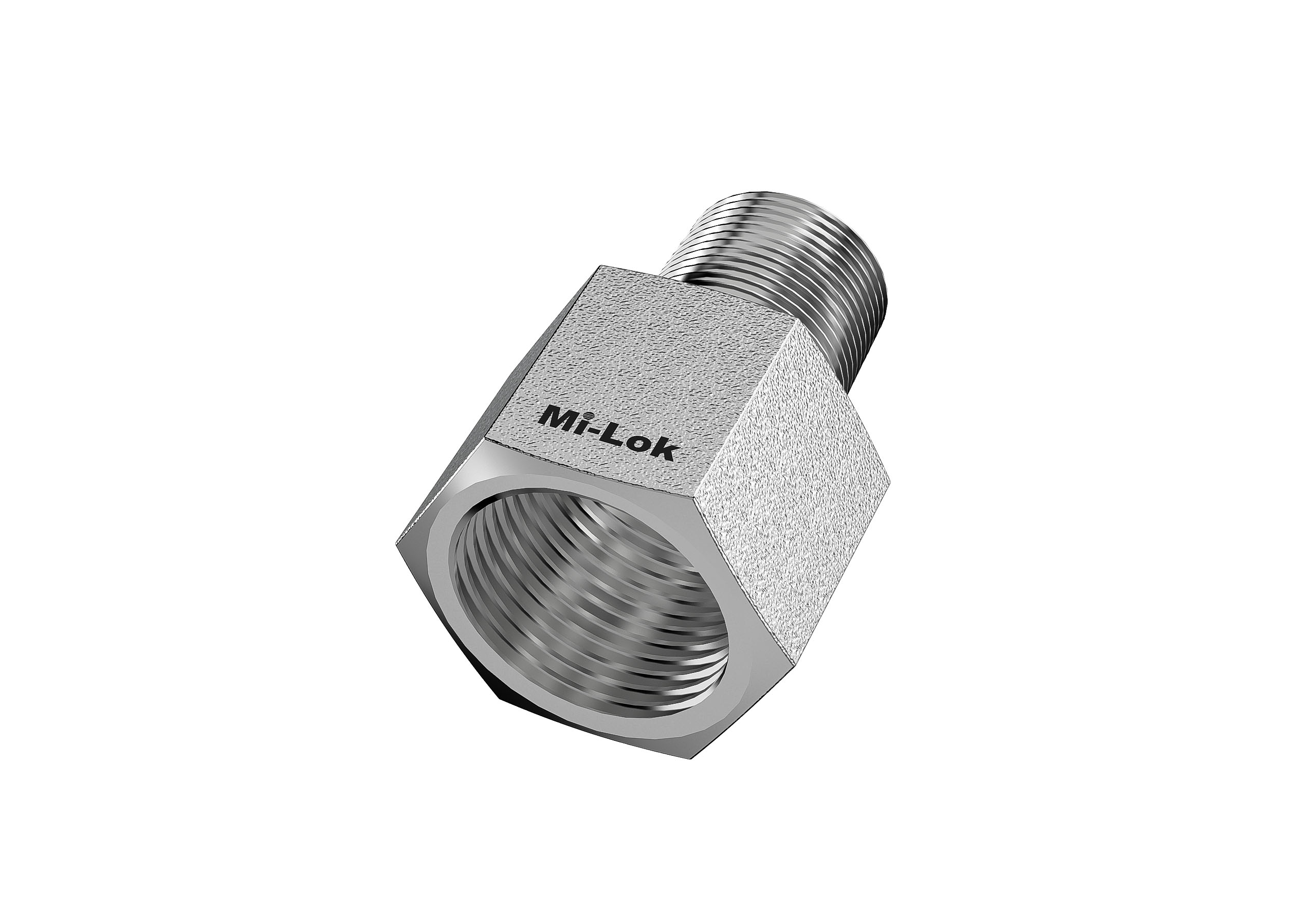 3D isometric view of Mi-Lok stainless steel female adapter showing internal NPT threads and smooth male adapter end
