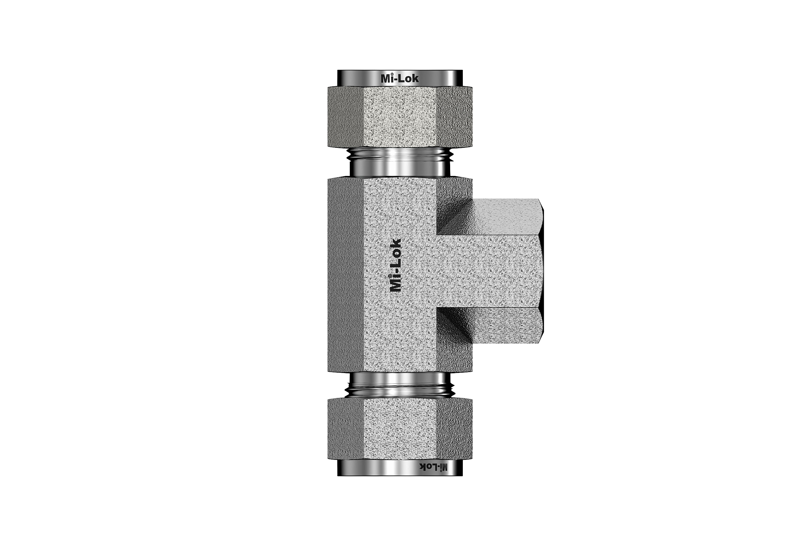 Front elevation view of Mi-Lok stainless steel female branch tee fitting