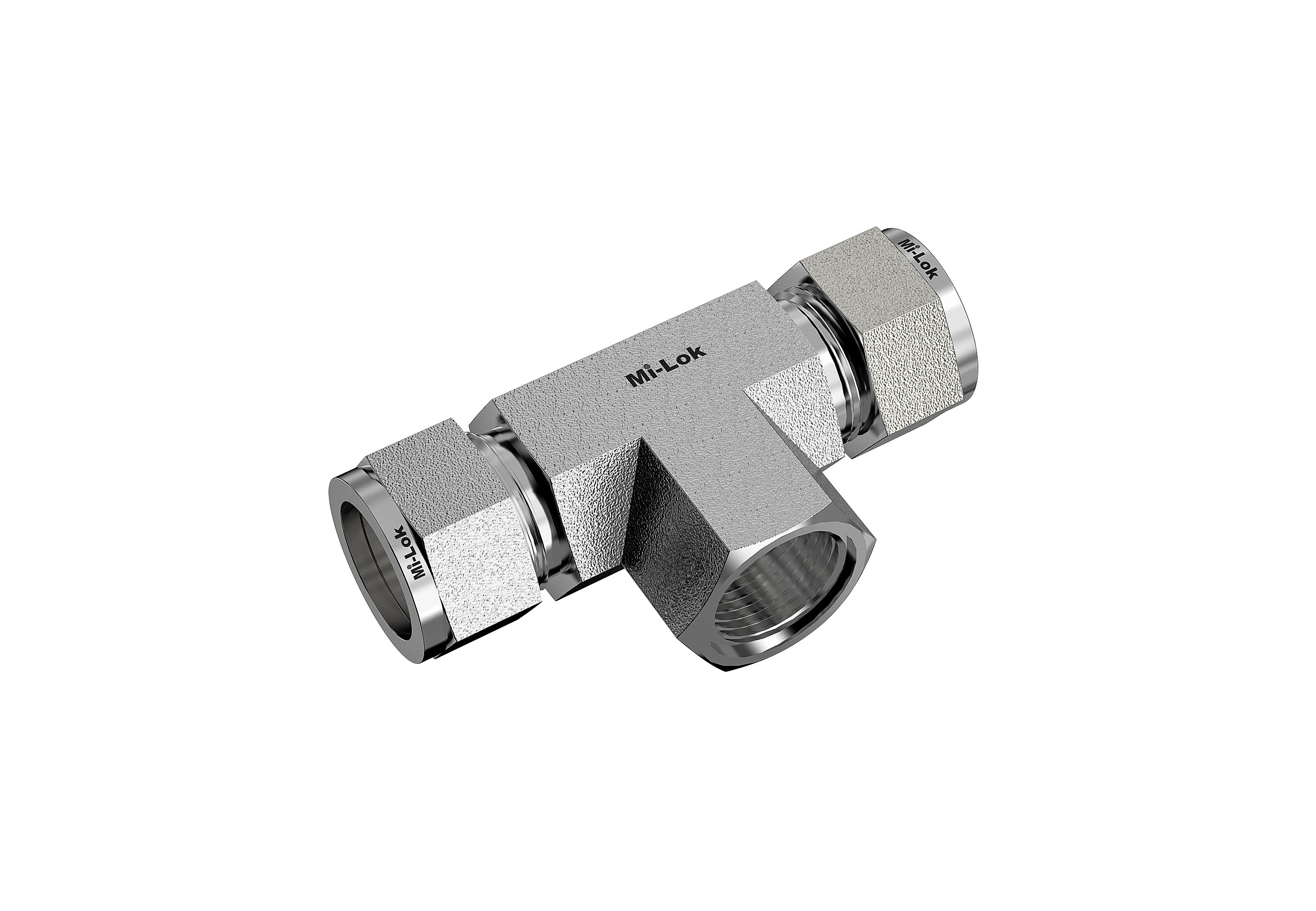 Angled 3D view of Mi-Lok female branch tee compression fitting