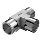 Isometric angled view of Mi-Lok stainless steel female tee pipe fitting showing three female NPT threaded ports