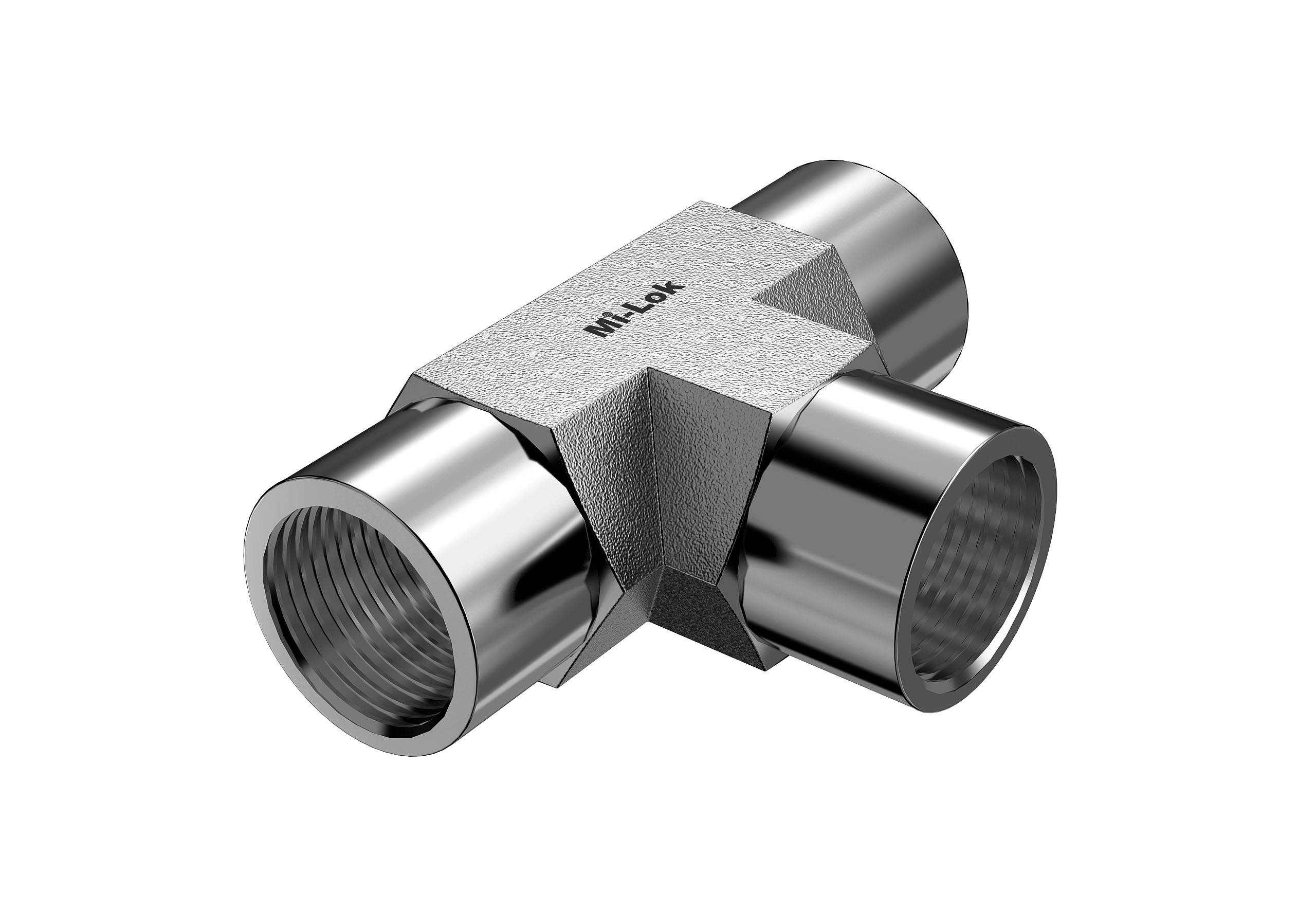 Isometric angled view of Mi-Lok stainless steel female tee pipe fitting showing three female NPT threaded ports