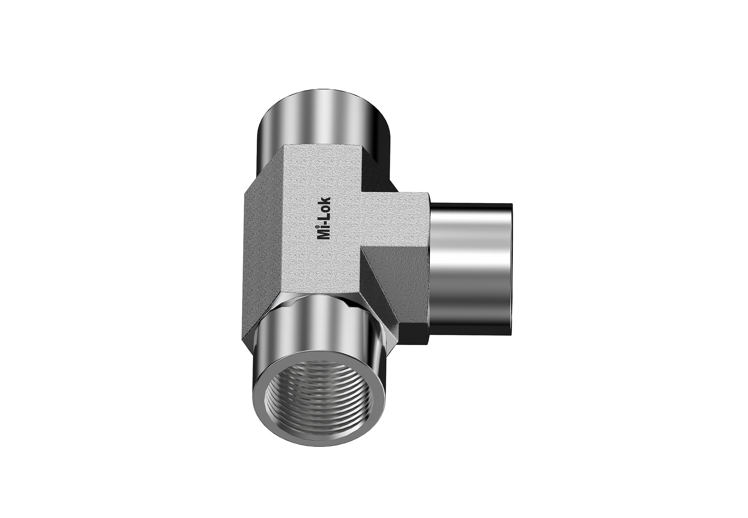Side angled view of Mi-Lok female tee showing branch port and main run threads