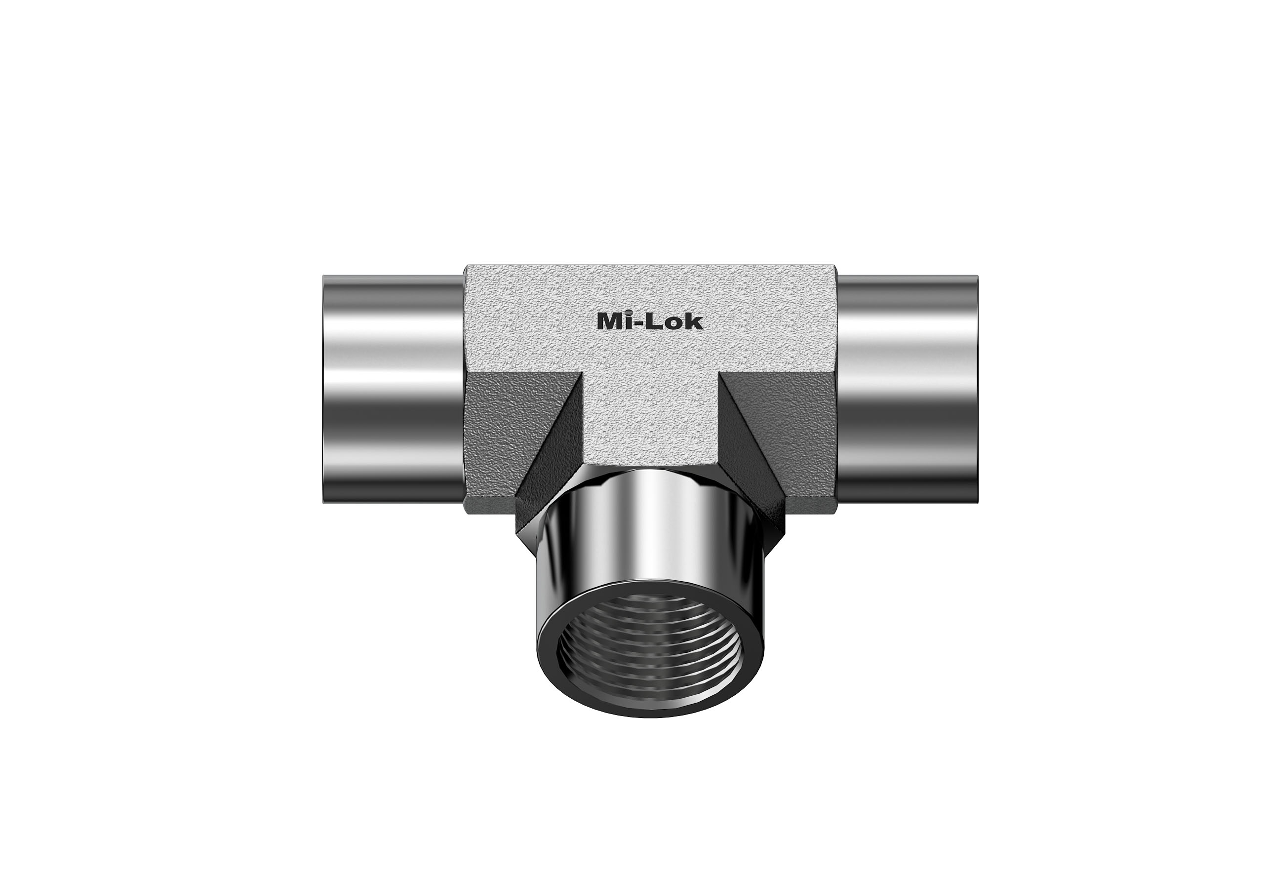 Front view of Mi-Lok forged 316 stainless steel female tee pipe fitting