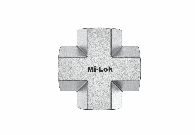 Mi-Lok stainless steel female cross fitting.