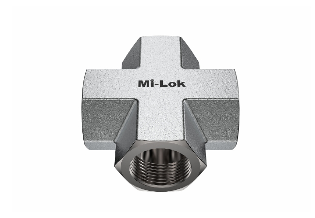 Mi-Lok stainless steel female cross fitting.