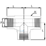 Technical dimensional schematic drawing of Mi-Lok female tee pipe fitting showing dimensions L, H, P, and E