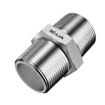 Isometric angled view of Mi-Lok stainless steel male NPT hex nipple pipe fitting