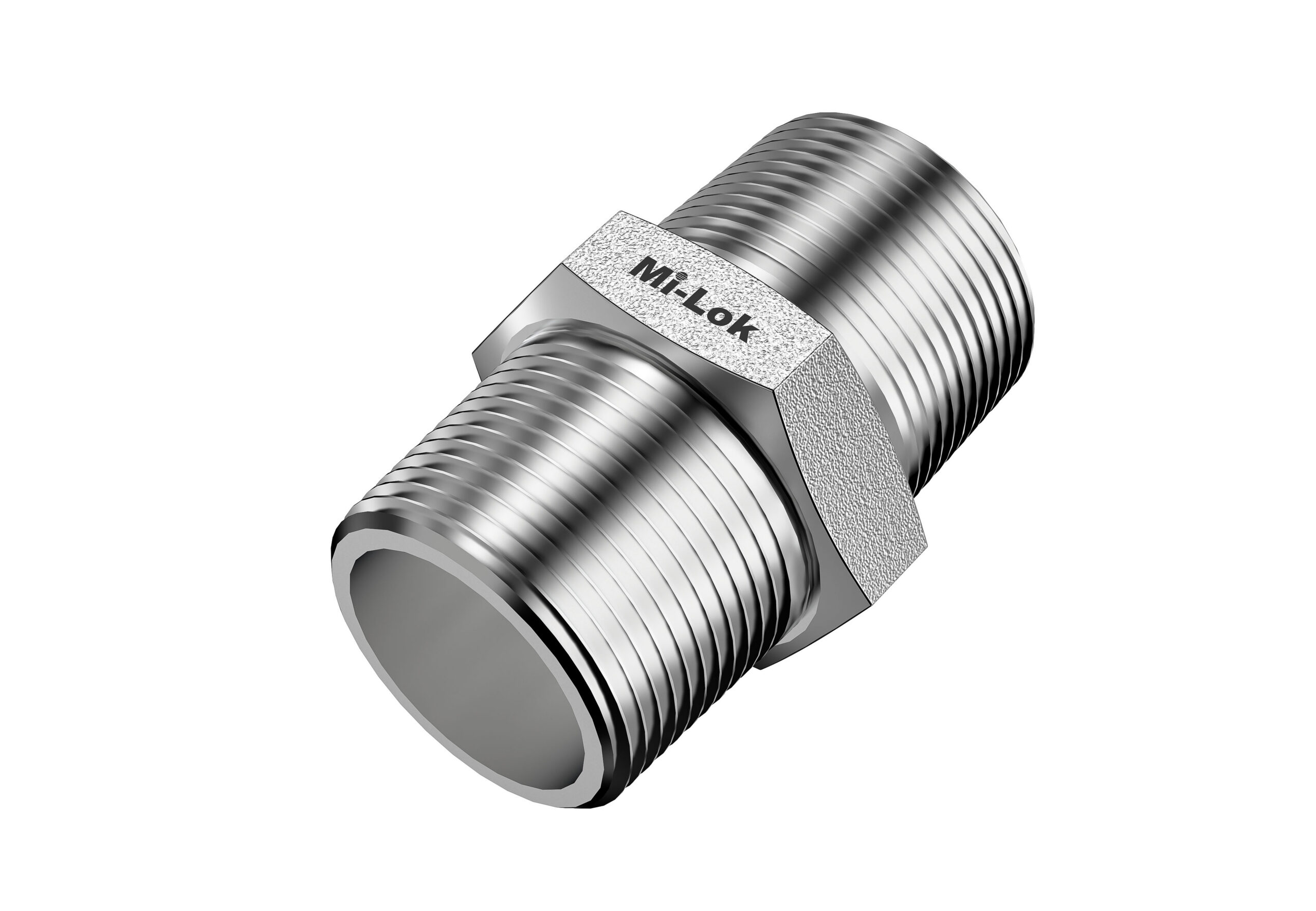 Isometric angled view of Mi-Lok stainless steel male NPT hex nipple pipe fitting