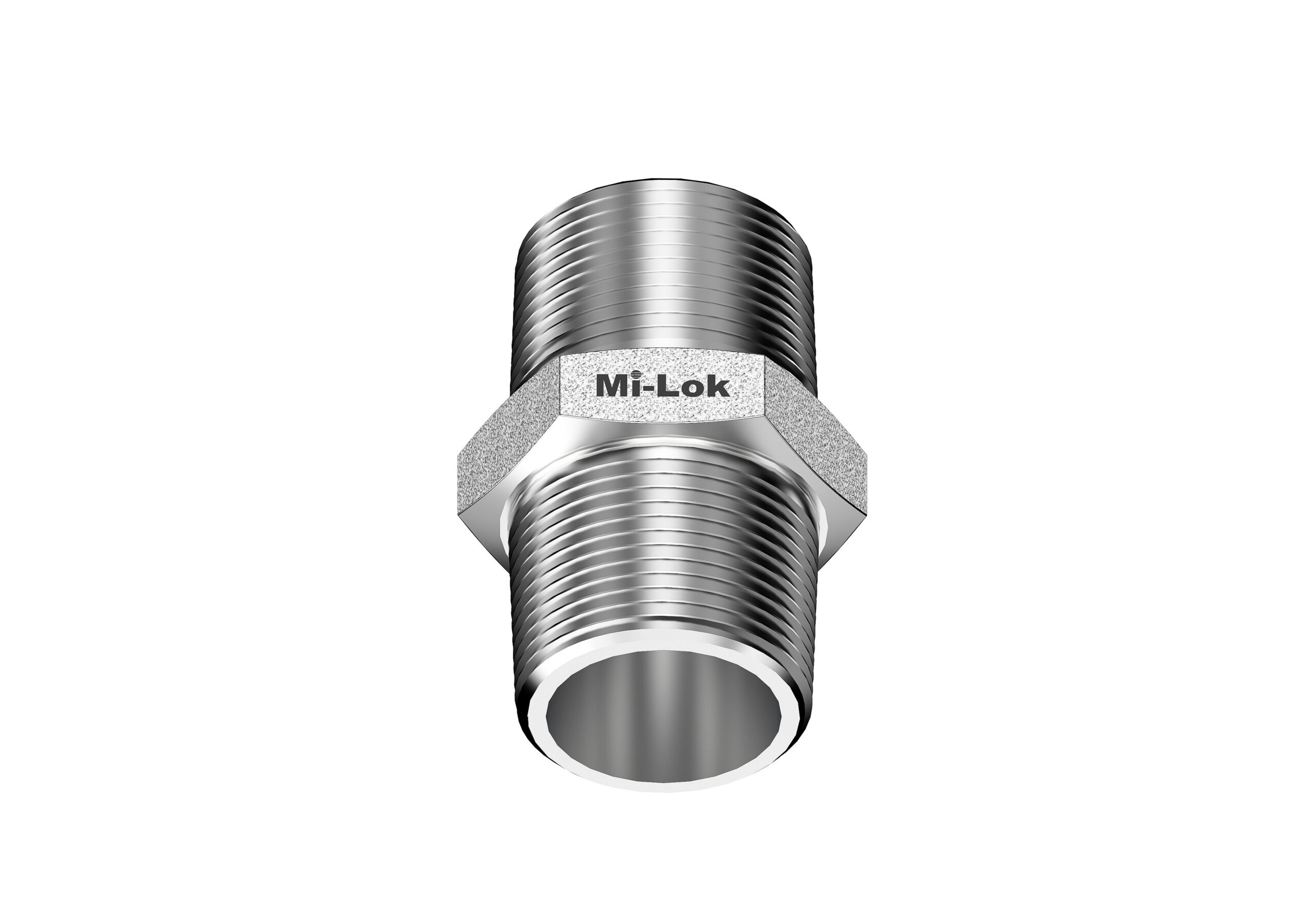 Top angled view of Mi-Lok male to male hex nipple showing internal bore and NPT threads