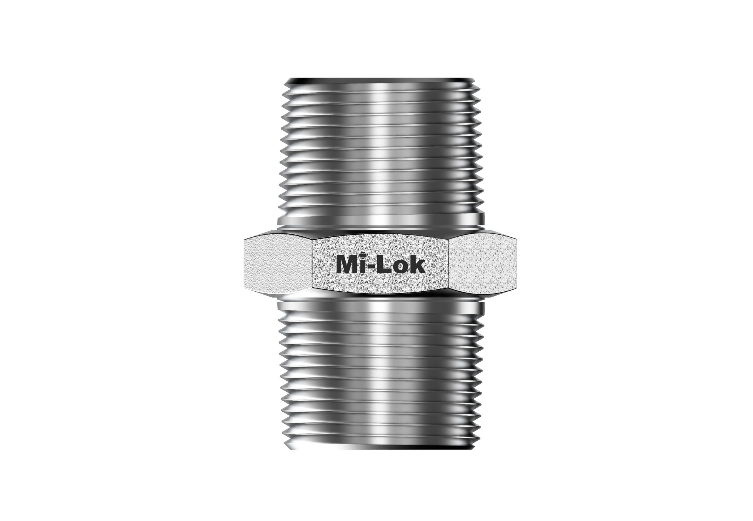Front vertical view of Mi-Lok stainless steel hex nipple pipe connector
