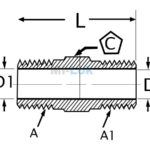 Technical engineering dimensional schematic drawing of Mi-Lok male hex nipple pipe fitting showing dimensions L, C, A, A1, D, and D1