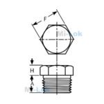 Technical dimensional line drawing of Mi-Lok male hex plug showing hex flat F, head height H, and thread length A