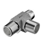 3D isometric view of Mi-Lok stainless steel male tee fitting with three male threaded connections