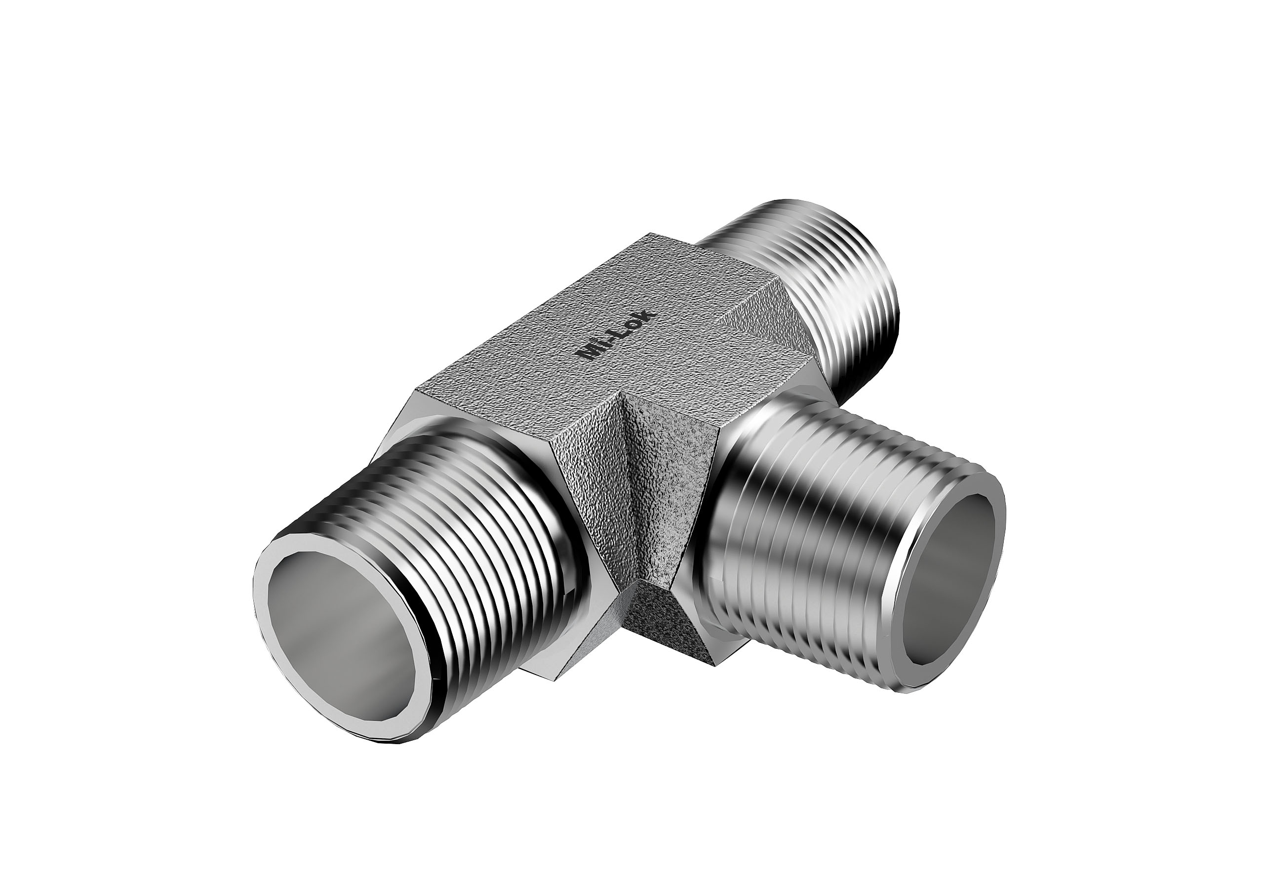 3D isometric view of Mi-Lok stainless steel male tee fitting with three male threaded connections