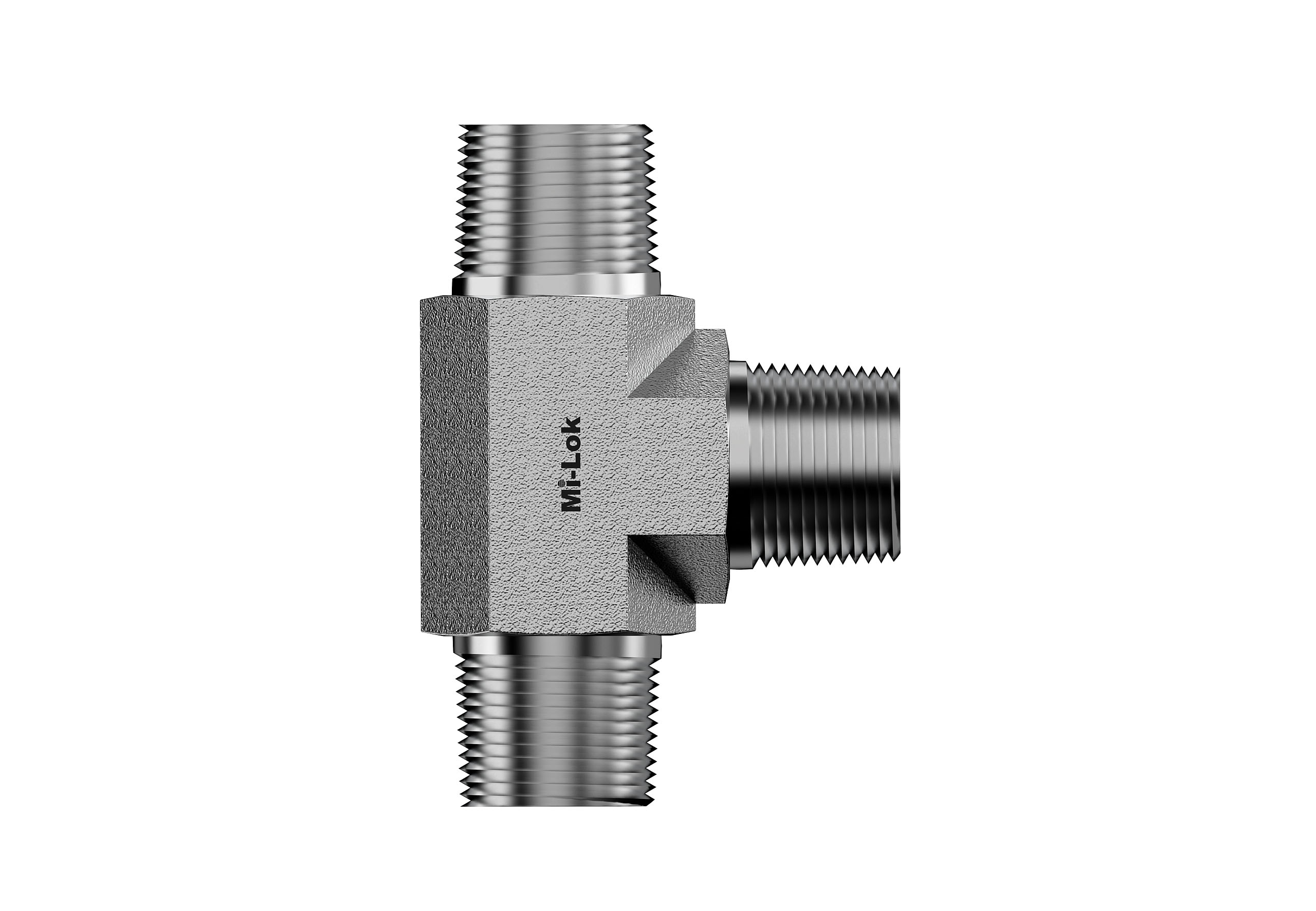 Front elevation view of Mi-Lok male tee fitting showcasing side ports and center branch