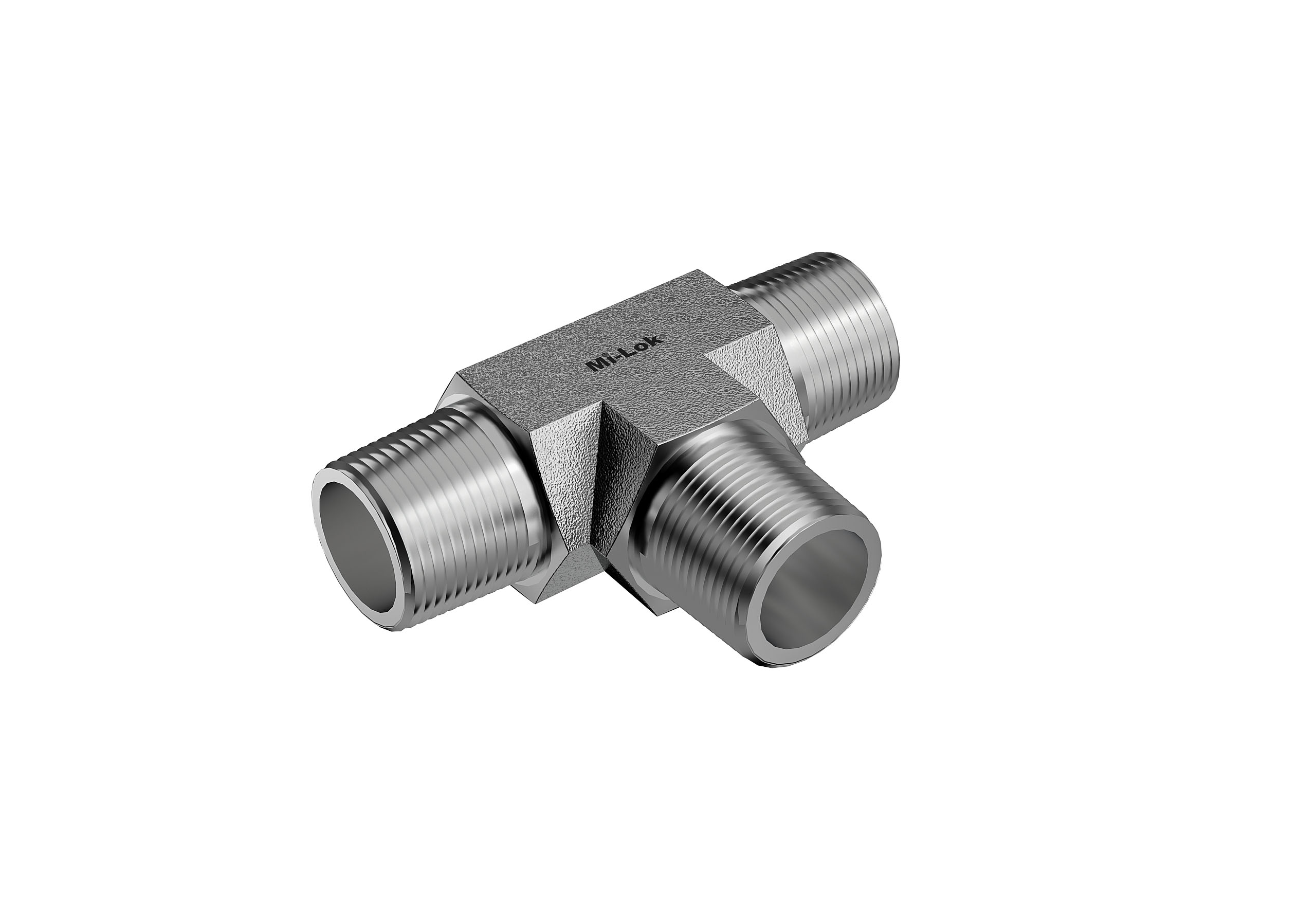 Angled 3D view of Mi-Lok stainless steel male tee pipe fitting