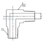 Technical dimensional line drawing of Mi-Lok male pipe elbow showing thread spec T1, inner diameter E, and body flat F