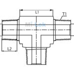 Technical engineering dimensional schematic of Mi-Lok male tee fitting showing lengths L1, L2, thread T1, and port diameters P1, P2