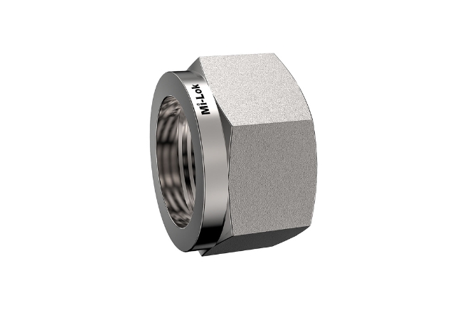 3D perspective view of Mi-Lok stainless steel compression nut