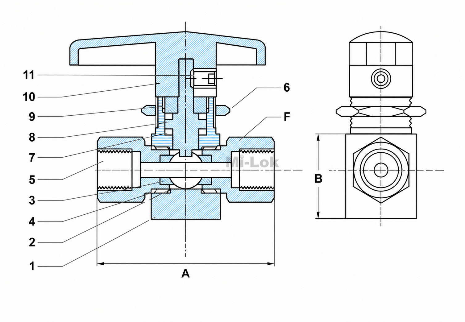 Technical engineering dimensional schematic cross section drawing of Mi-Lok panel mount ball valve