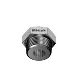 Mi-Lok stainless steel reducing bushing fitting showing male thread and inner female port