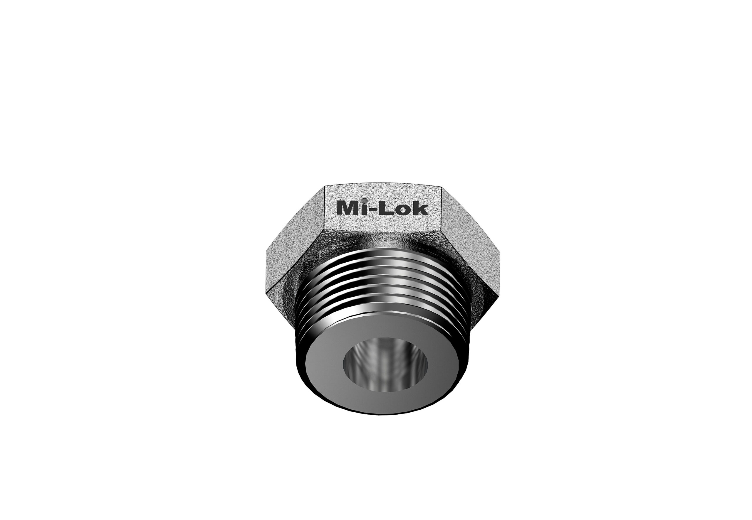 Mi-Lok stainless steel reducing bushing fitting showing male thread and inner female port