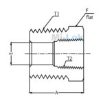 Technical engineering dimensional schematic diagram of Mi-Lok reducing bushing showing male thread T1 female thread T2 length A bore E and hex F