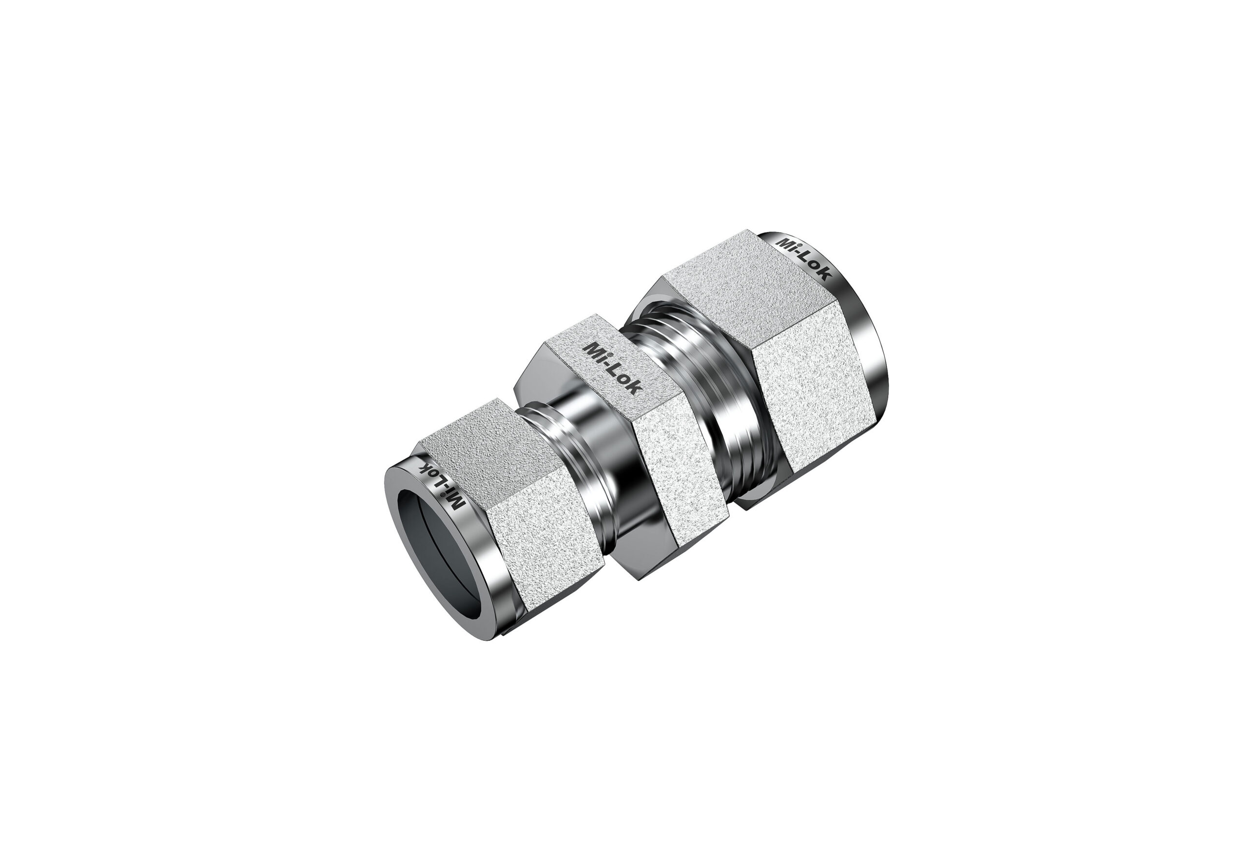 3D isometric perspective view of Mi-Lok stainless steel reducing union tube fitting