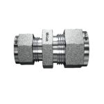 Side profile view of Mi-Lok stainless steel reducing union showing hex body and compression nuts