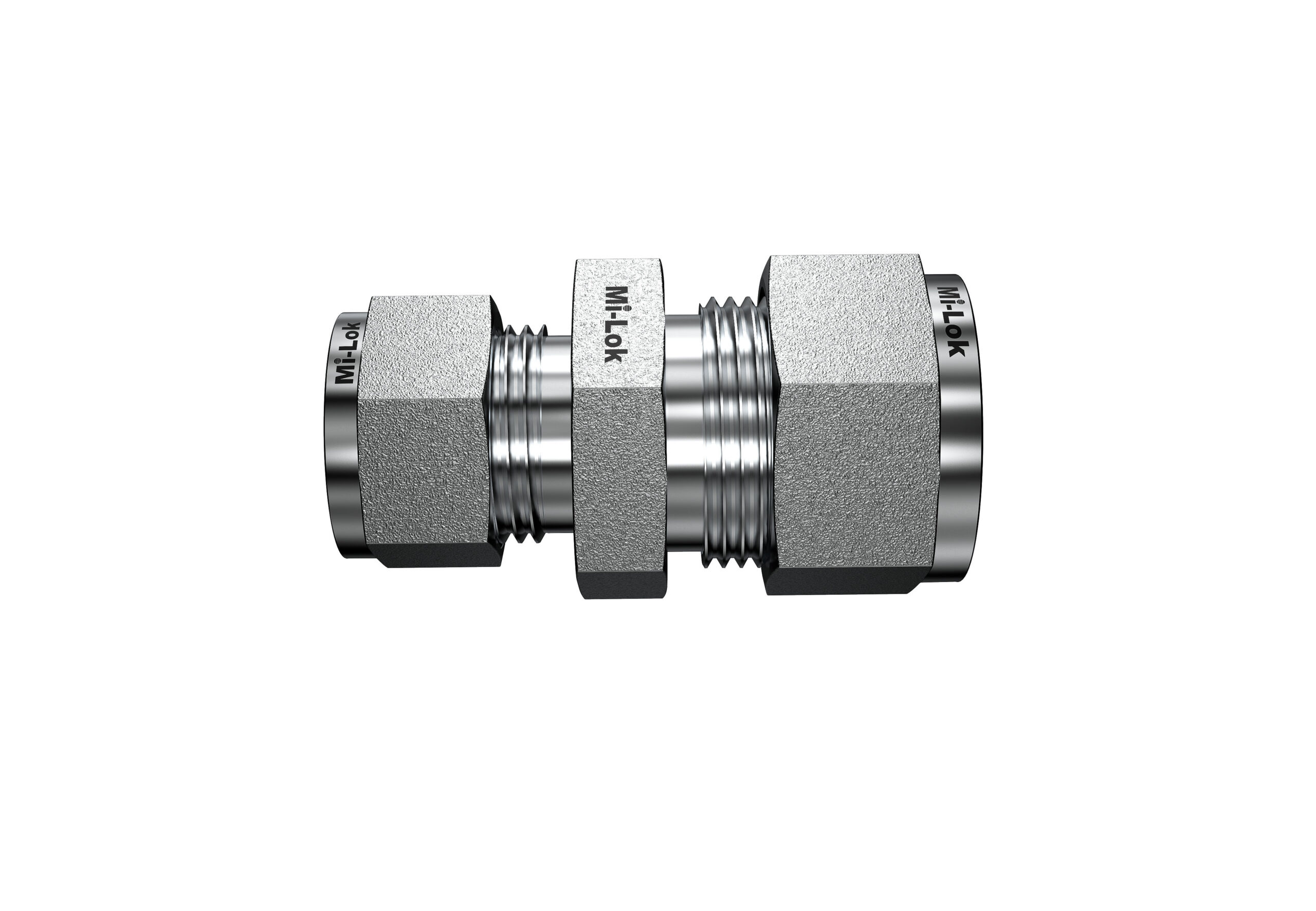 Side profile view of Mi-Lok stainless steel reducing union showing hex body and compression nuts