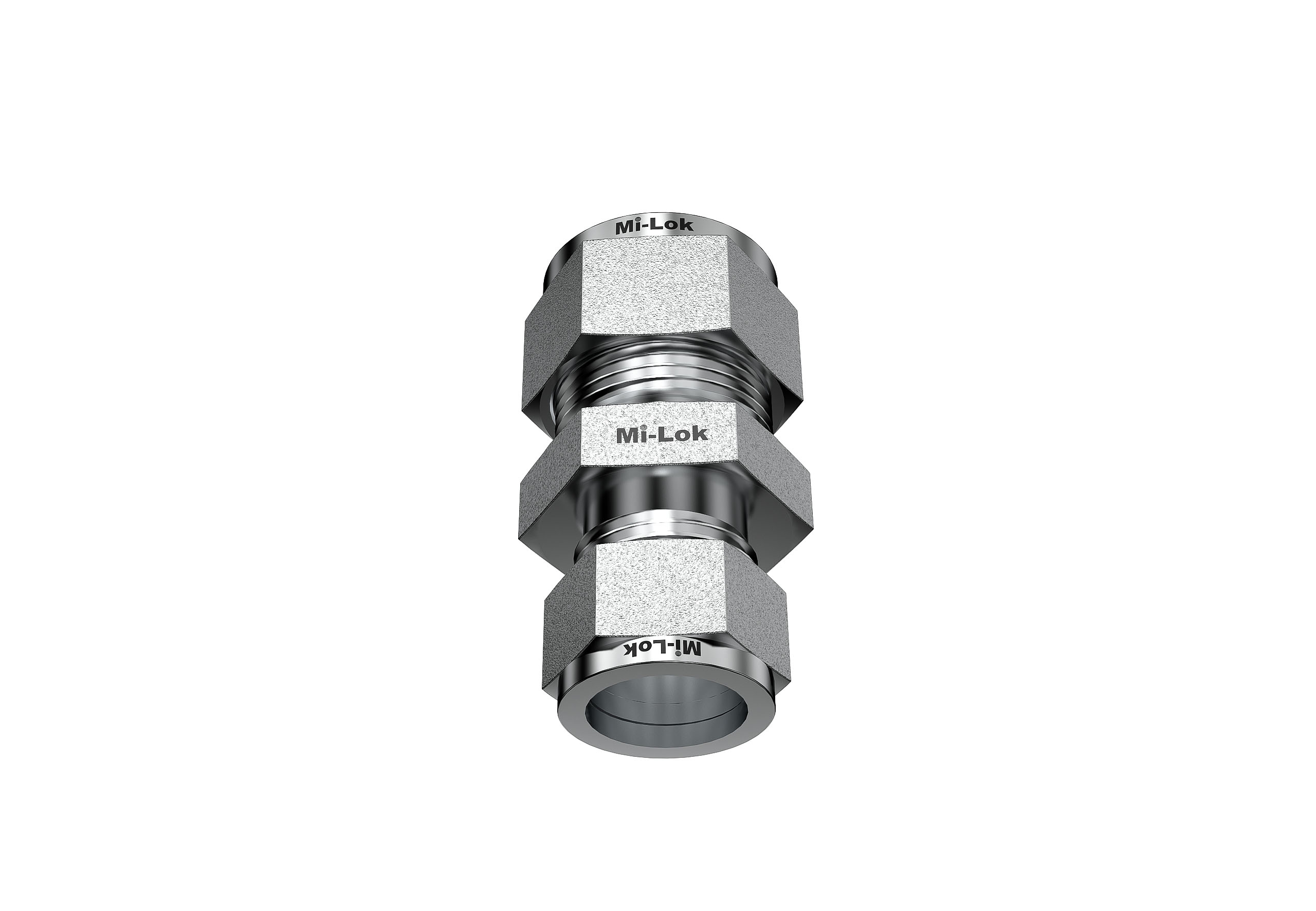 Angled 3D vertical perspective of Mi-Lok stainless steel reducing union fitting