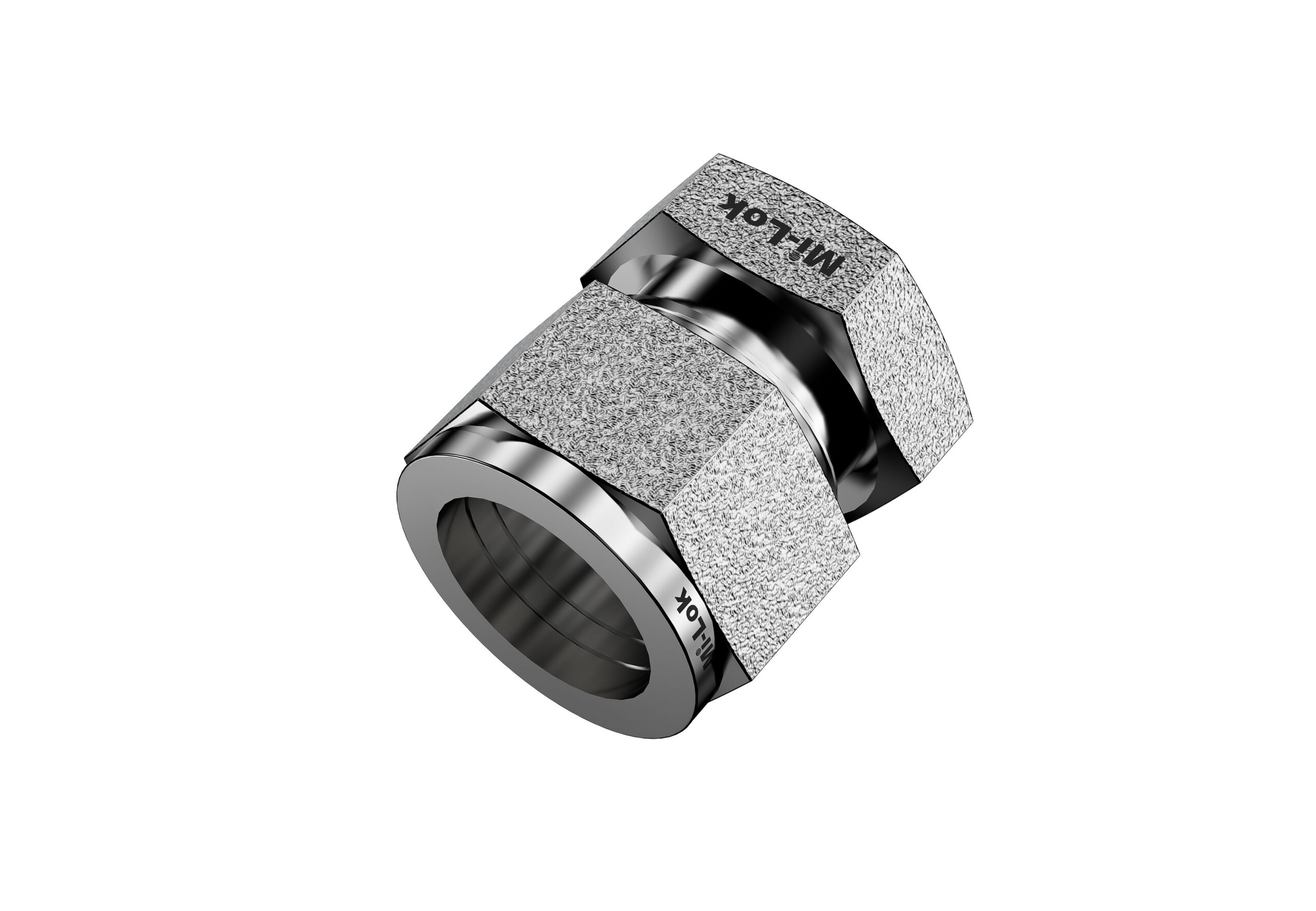 3D isometric view of Mi-Lok stainless steel tube cap showing compression nut and solid capped body