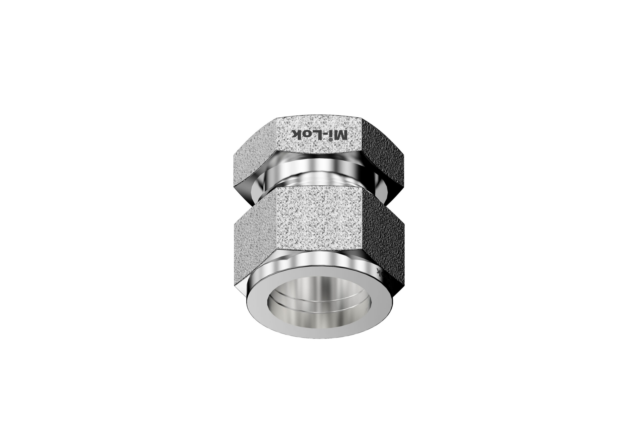 Front elevation view of Mi-Lok tube cap showing compression nut and hex body alignment