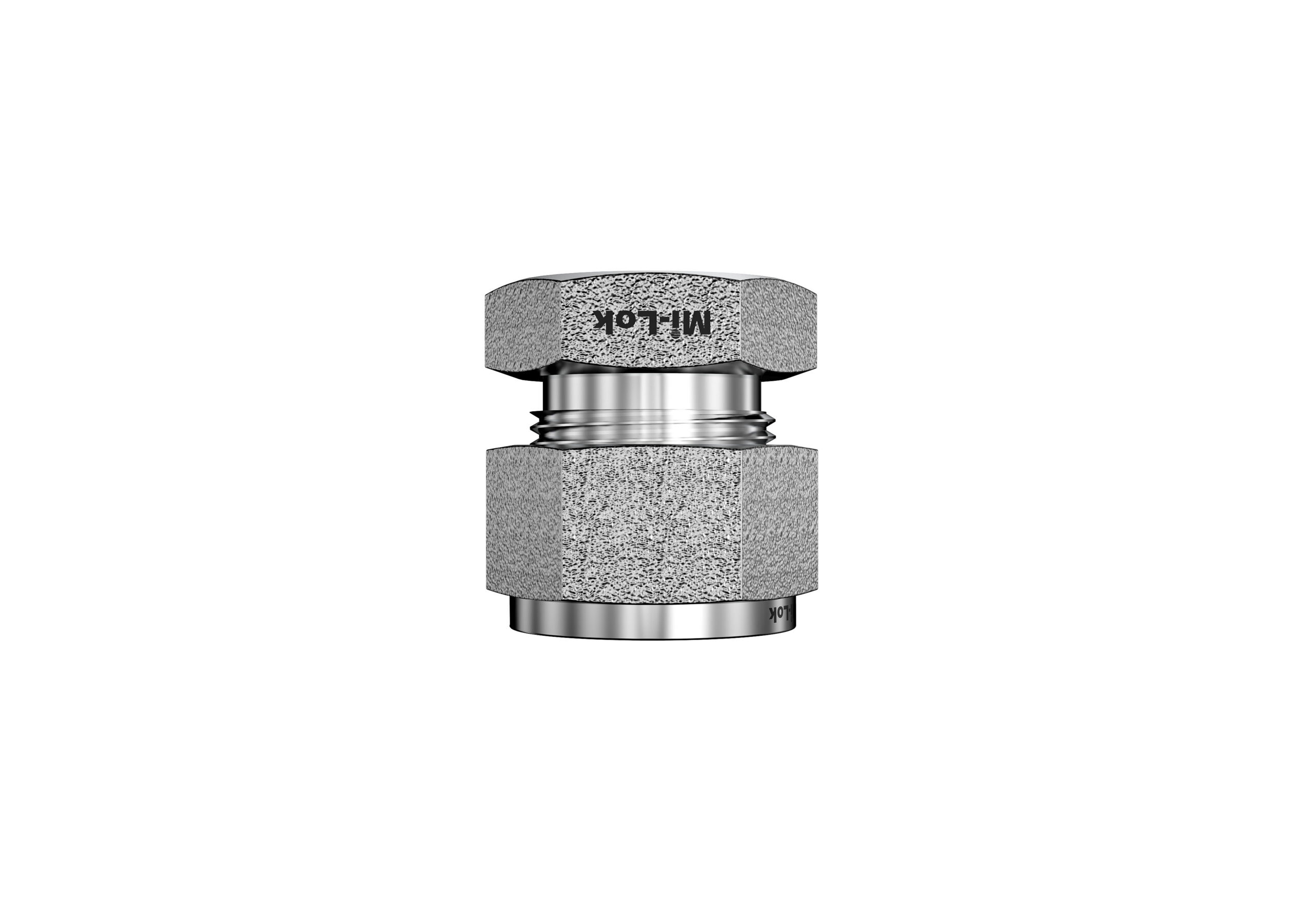 Side profile view of Mi-Lok stainless steel tube cap displaying nut hex body and body flats