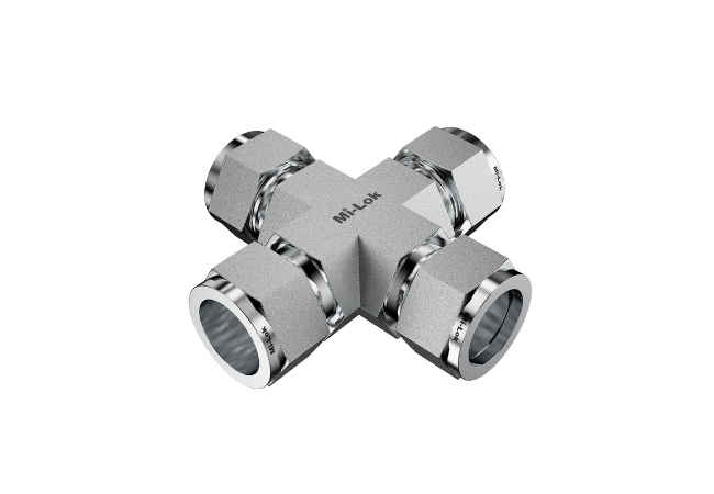 Mi-Lok stainless steel union cross tube fitting isometric view