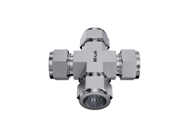 Mi-Lok union cross tube fitting showing bottom compression port detail