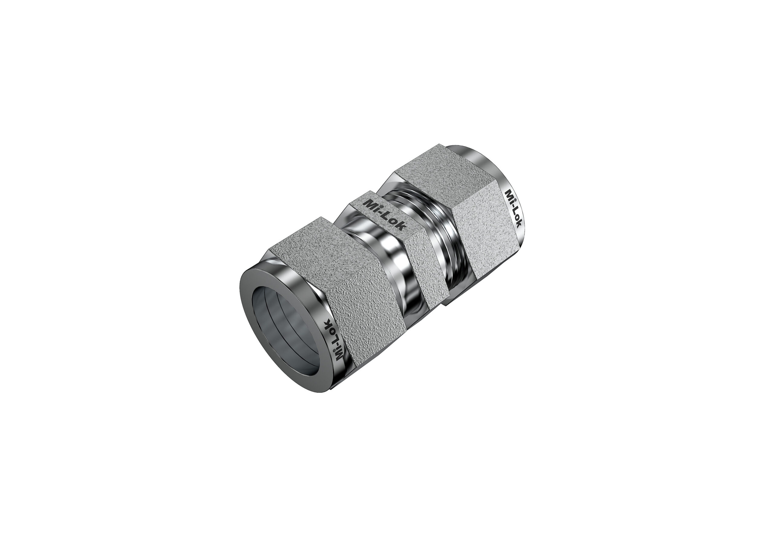 3D isometric perspective view of Mi-Lok stainless steel straight union tube fitting