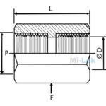 Technical engineering dimensional schematic diagram of Mi-Lok female hex coupling showing thread size P bore D length L and hex size F