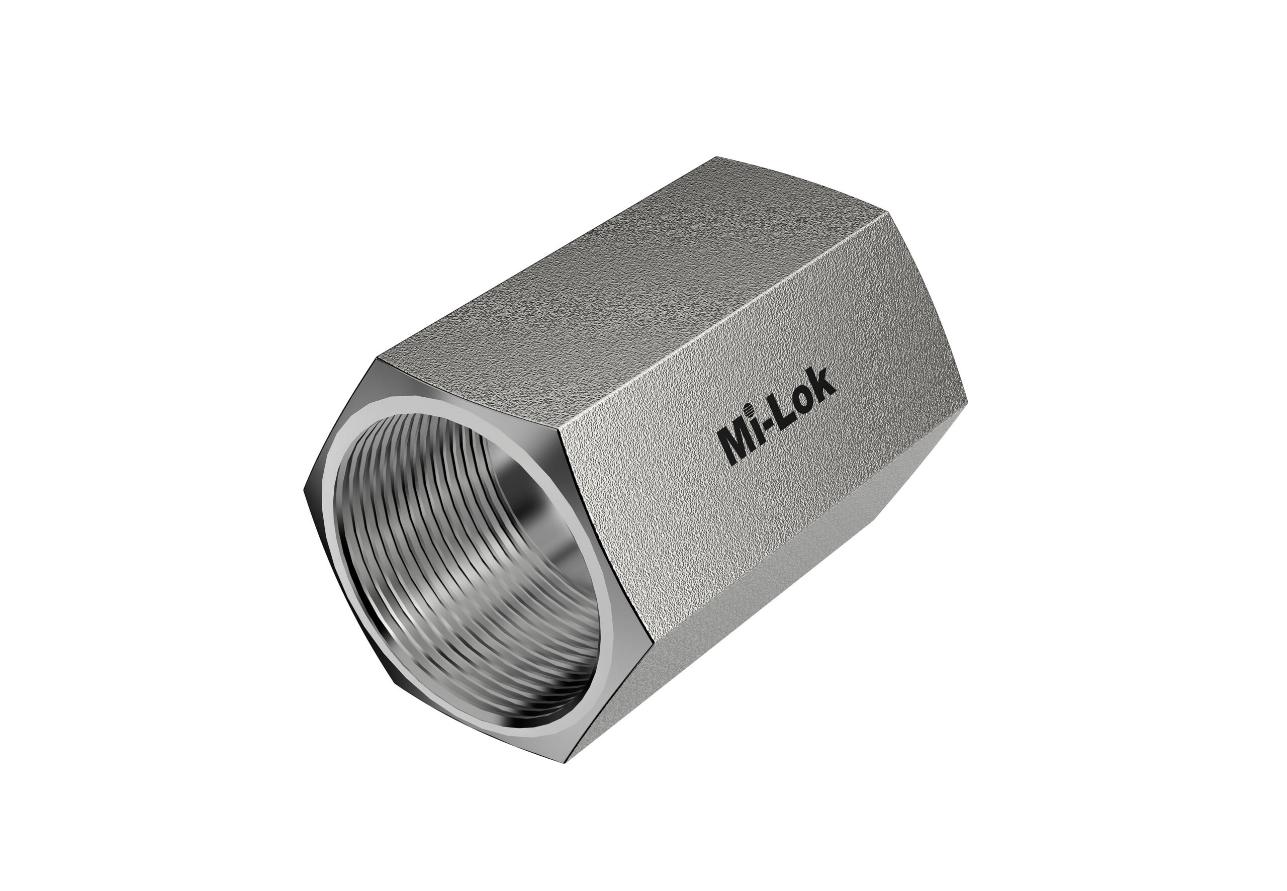 3D isometric perspective view of Mi-Lok stainless steel female hex coupling pipe fitting