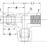 Technical engineering dimensional schematic diagram of Mi-Lok female run tee fitting showing tube diameter D thread T bore d length L and L1 and hex sizes