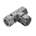 3D isometric view of Mi-Lok stainless steel female run tee fitting showing tube compression ends and female threaded port