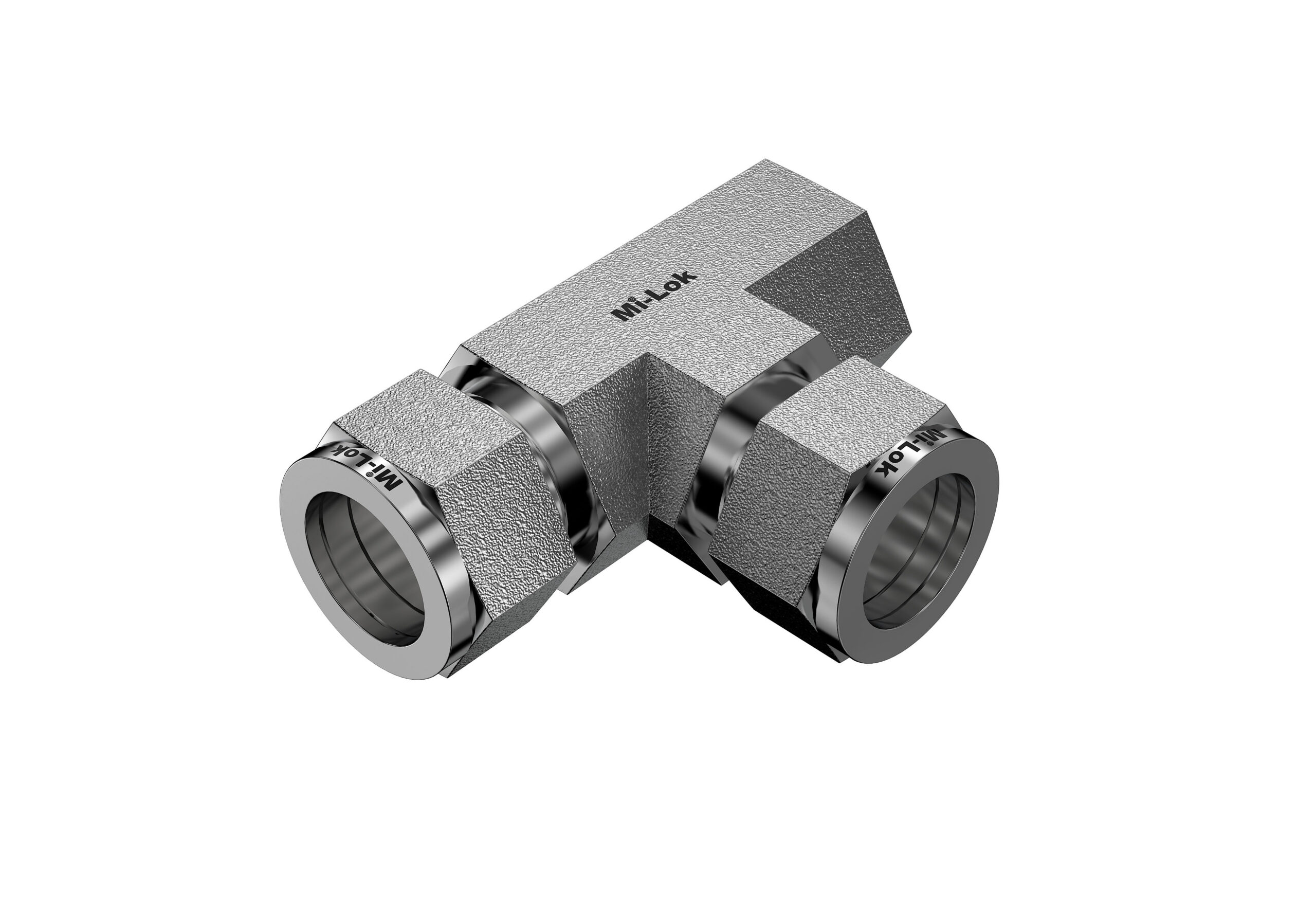 3D isometric view of Mi-Lok stainless steel female run tee fitting showing tube compression ends and female threaded port