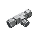 3D isometric perspective view of Mi-Lok stainless steel male branch tee fitting with dual tube compression ports and male NPT thread branch